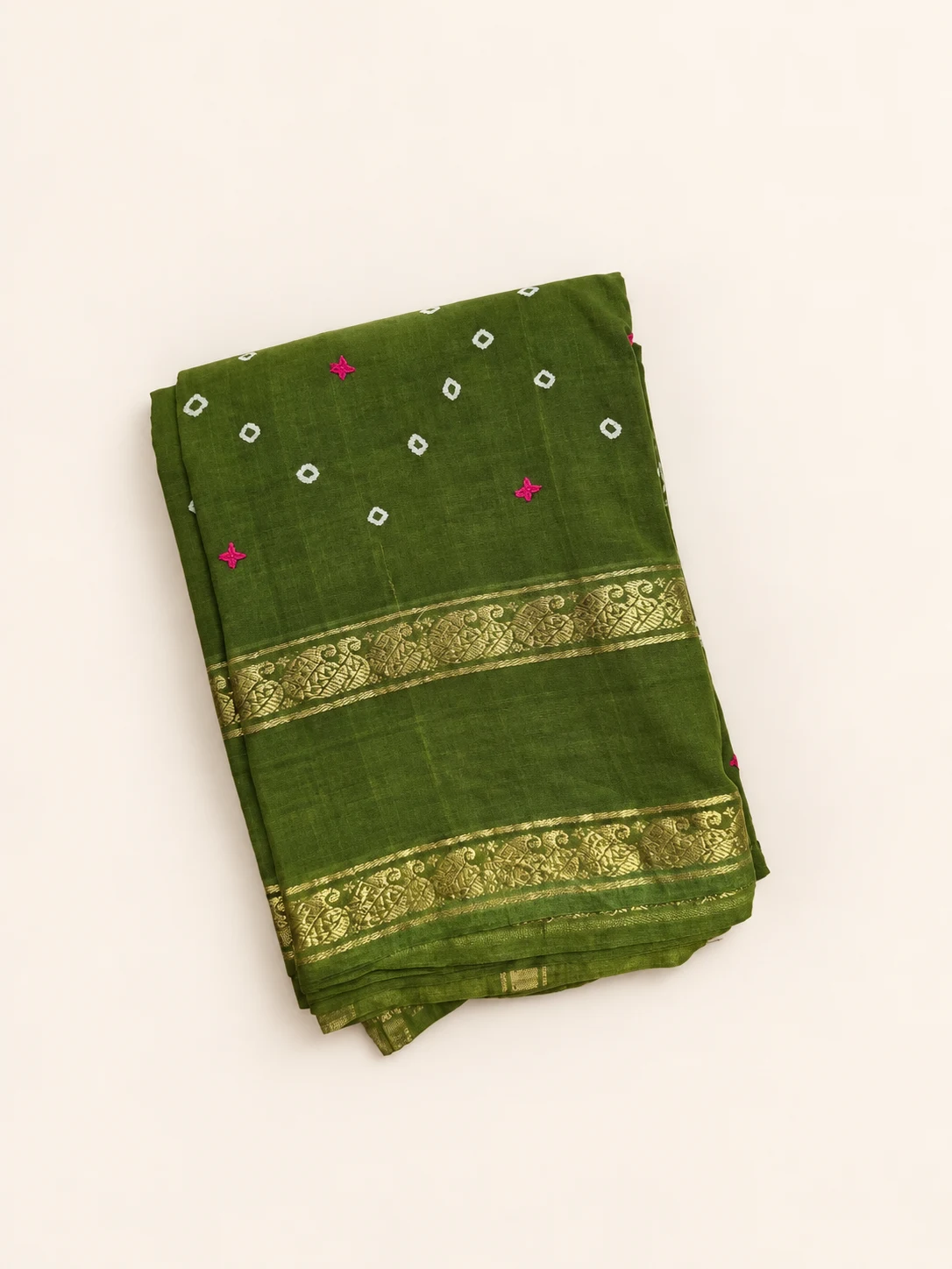 Olive Green Kutch Hand Embroidered Sungudi Saree - 1