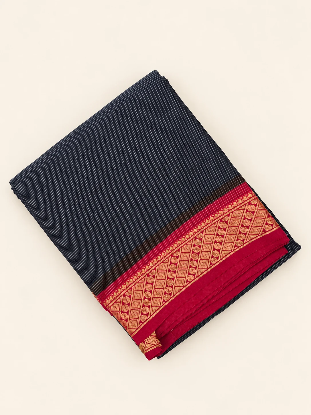 Navy Blue Vaira Oosi Sungudi Saree with Red Border - 1