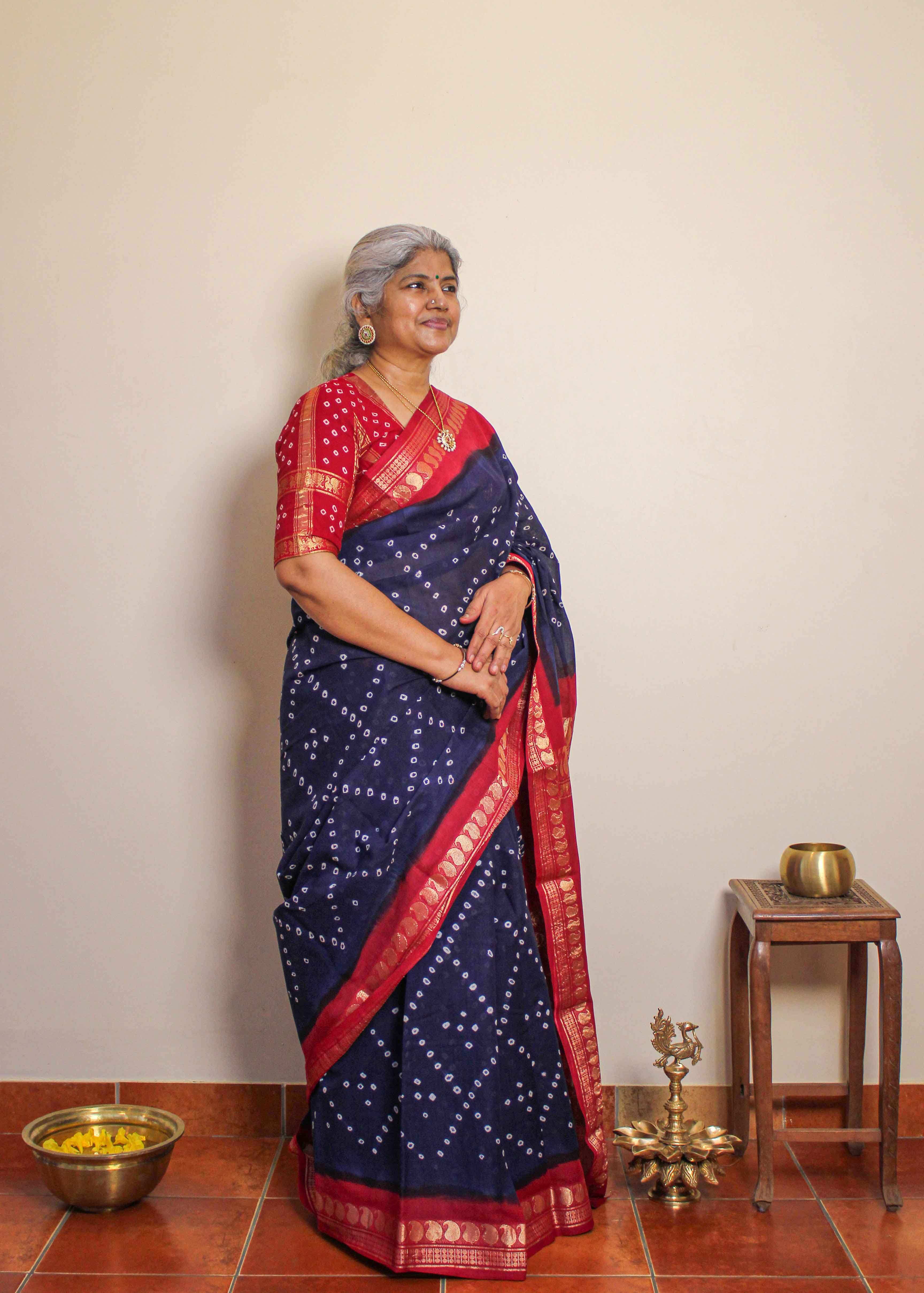 Navy Blue Diamond Sungudi Saree with Red Border