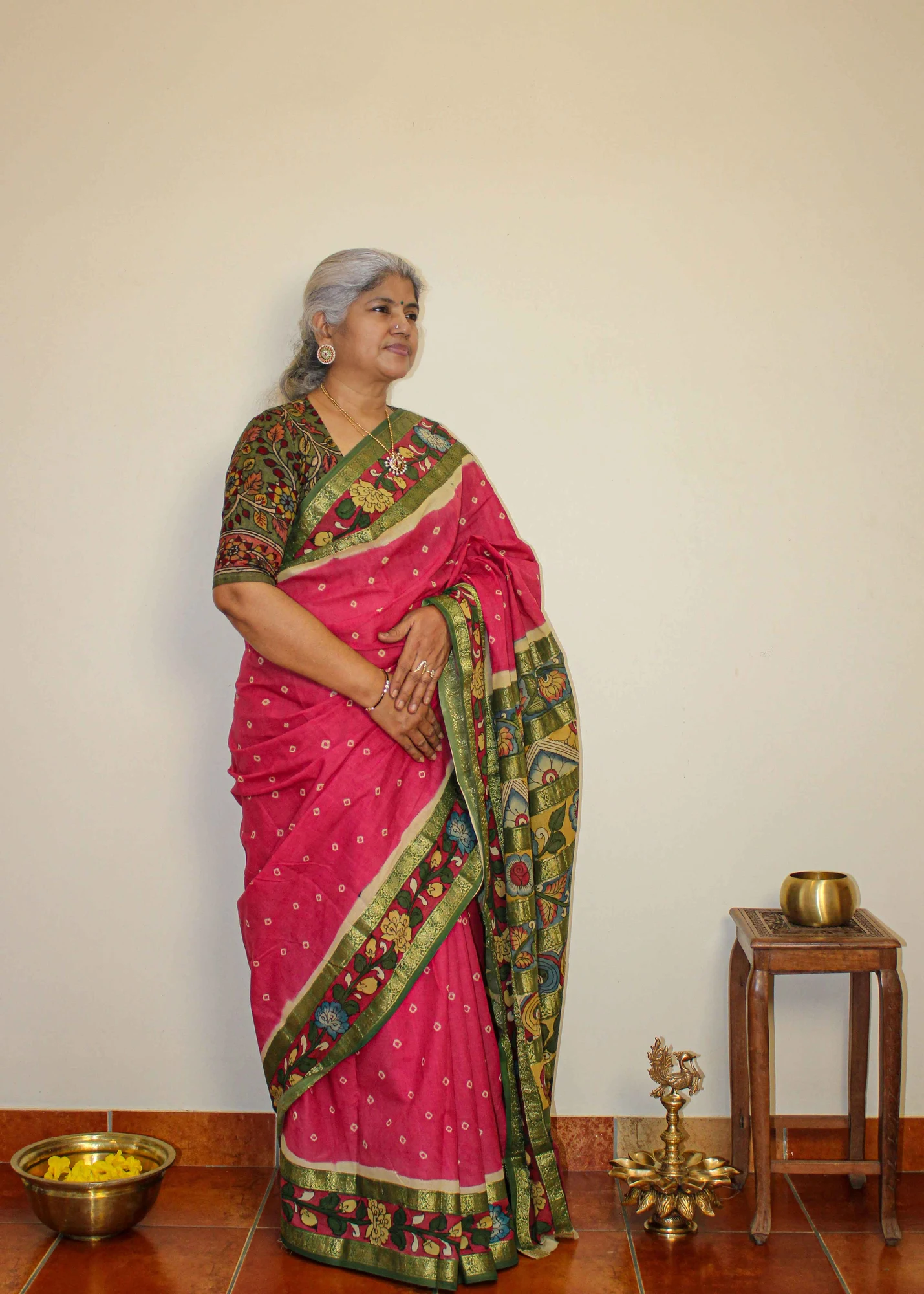 Pink Kalamkari Sungudi Saree - 1