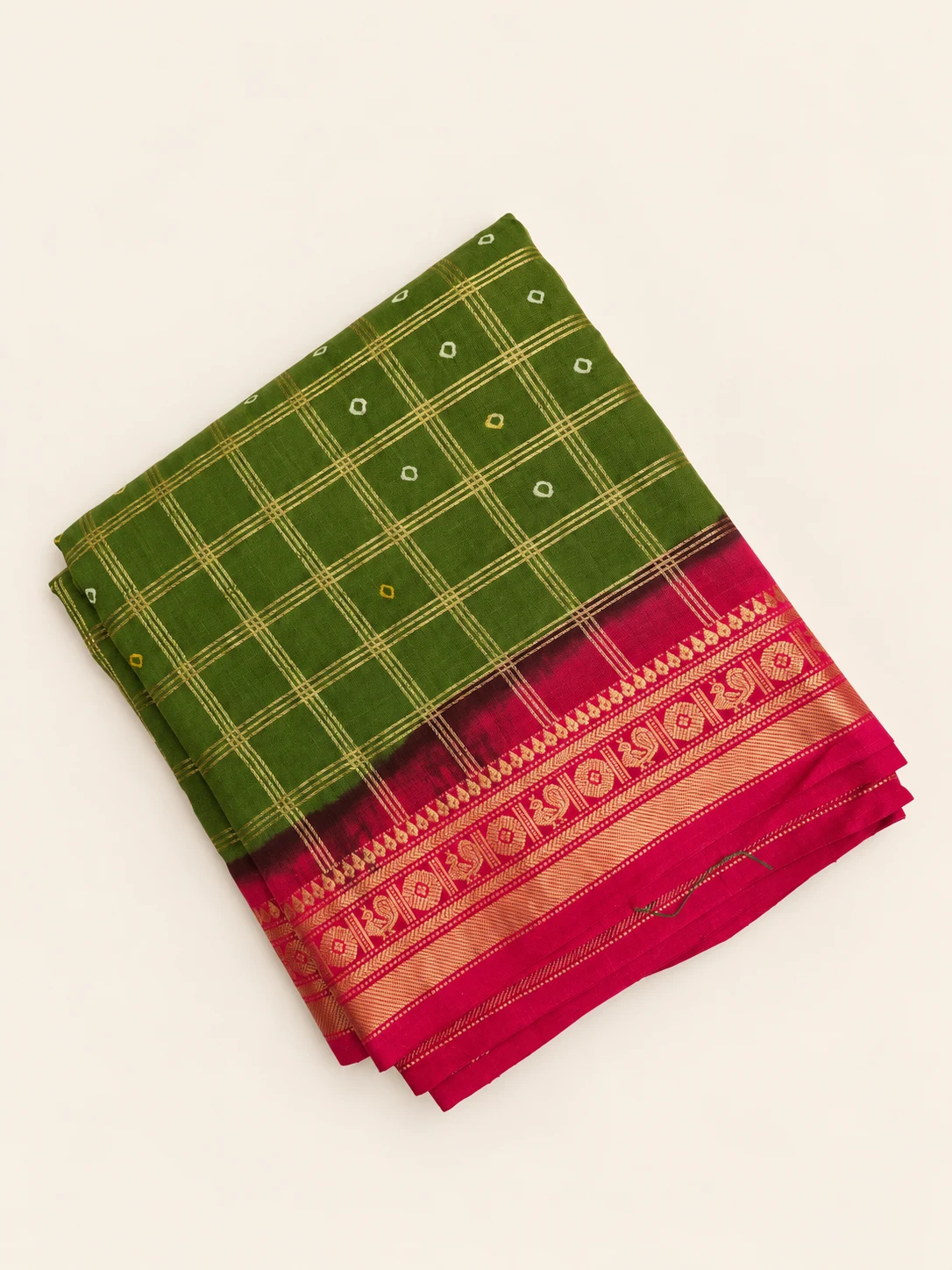 Leaf Green Zari Checks Sungudi Saree with Rudraksh Border - 1