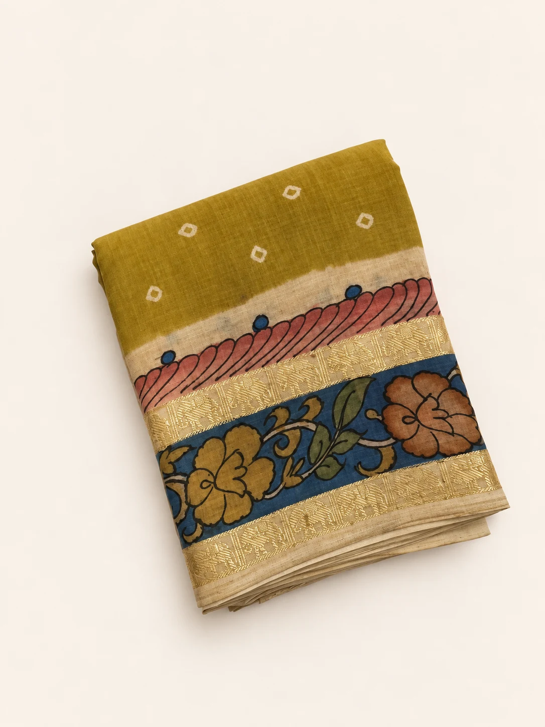 Yelakkai Pachai Cardamom Green Kalamkari Sungudi Saree - 1