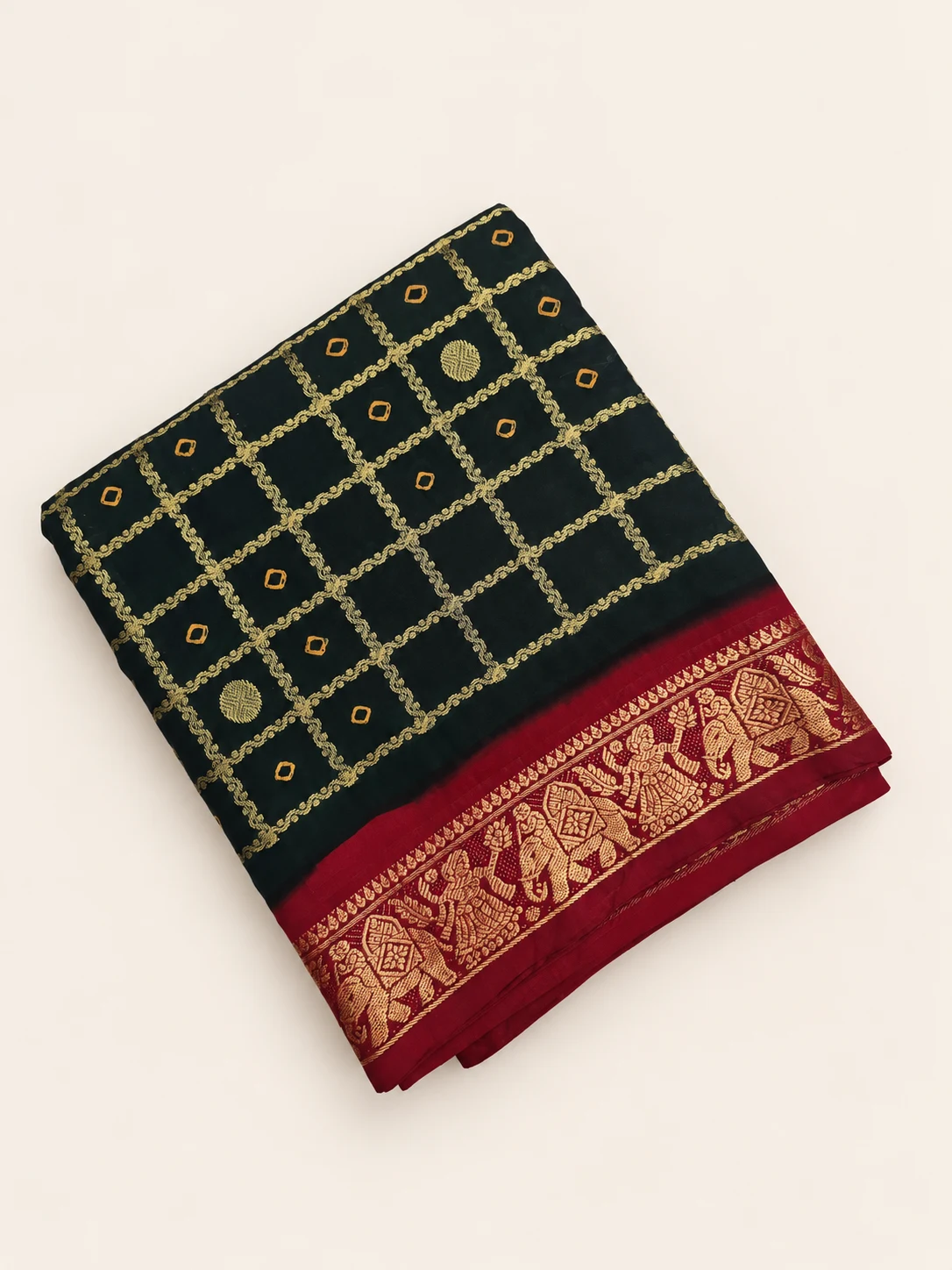 Bottle Green Zari Neli Checks Sungudi Saree (Ramayan Series) - 1