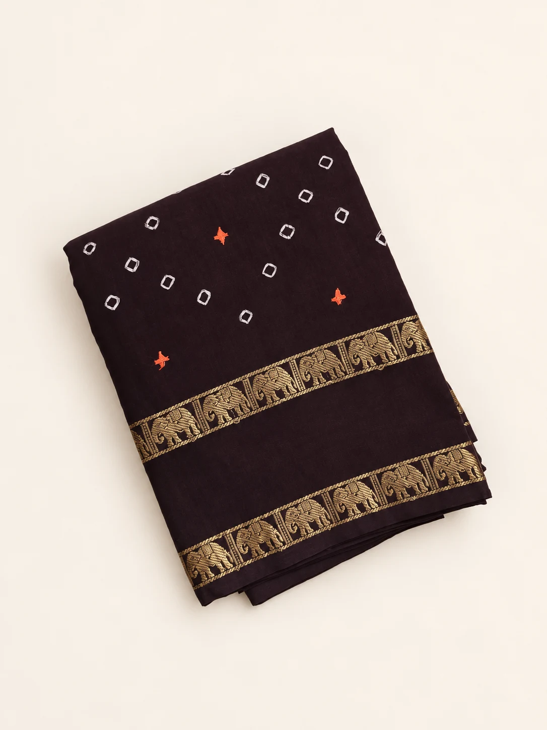 Coffee Brown Kutch Hand Embroidered Sungudi Saree - 1
