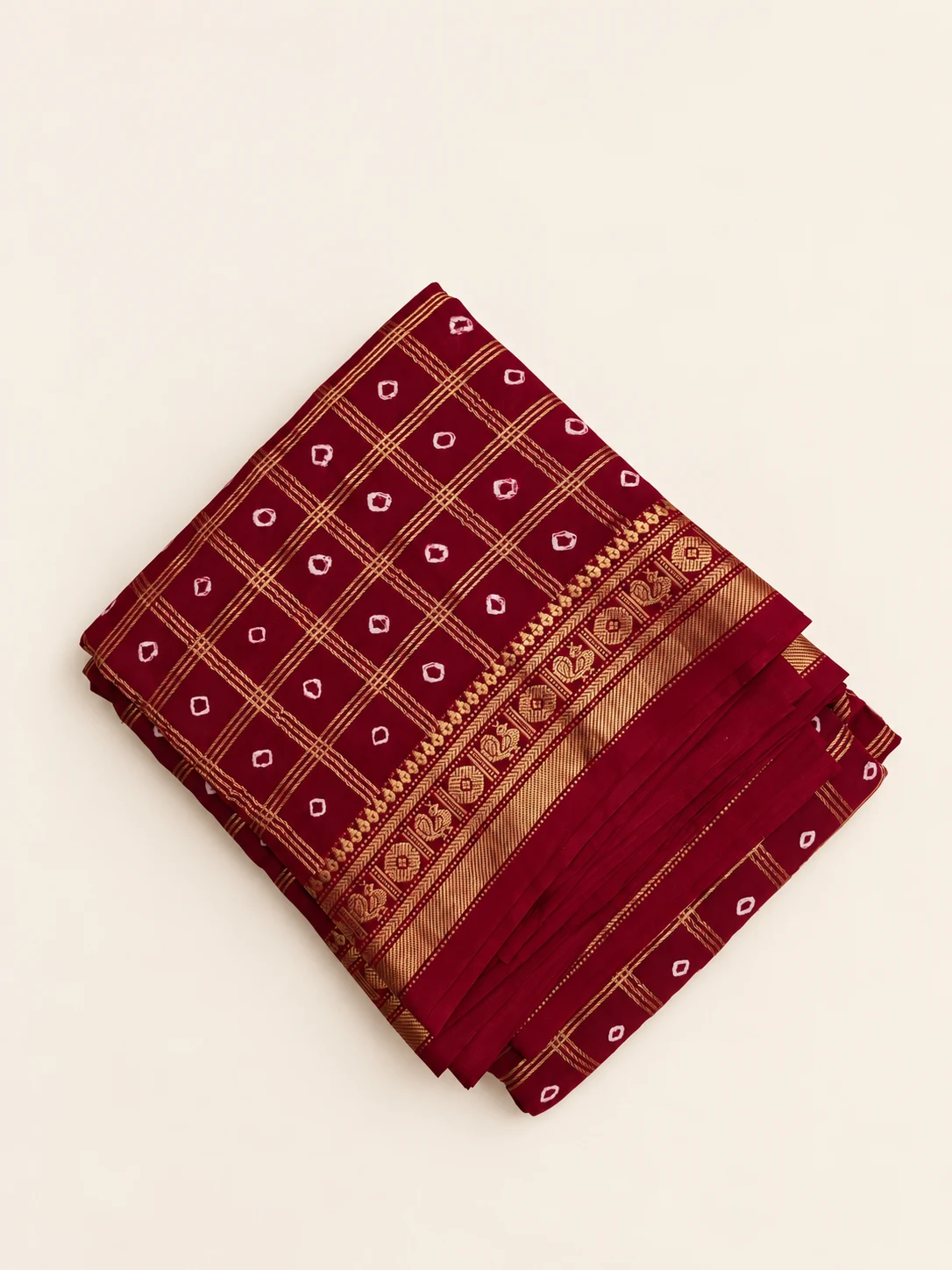 Red Zari Checks Sungudi Saree with Rudraksh Border - 1